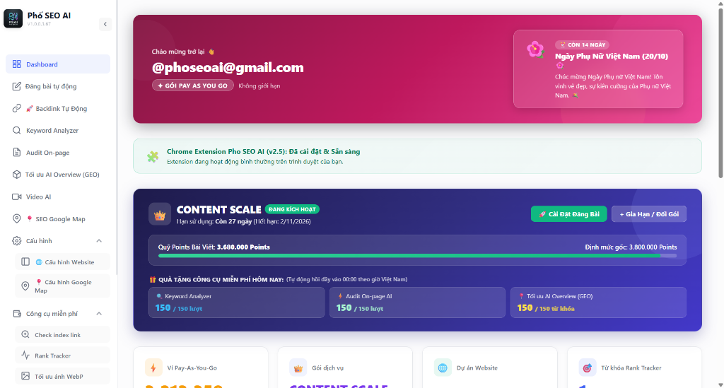 Giao diện Dashboard quản trị Phố SEO AI – Hệ sinh thái tối ưu hóa SEO On-page, GEO AI Overview và Google Map